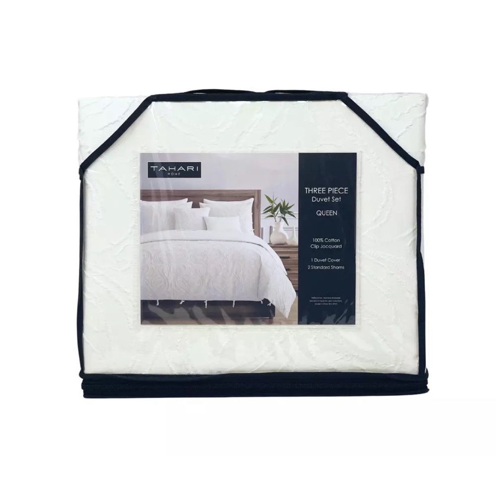 TAHARI QUEEN White Textured Cotton Clip Jacquard Duvet Cover & 2 Shams Set NEW
